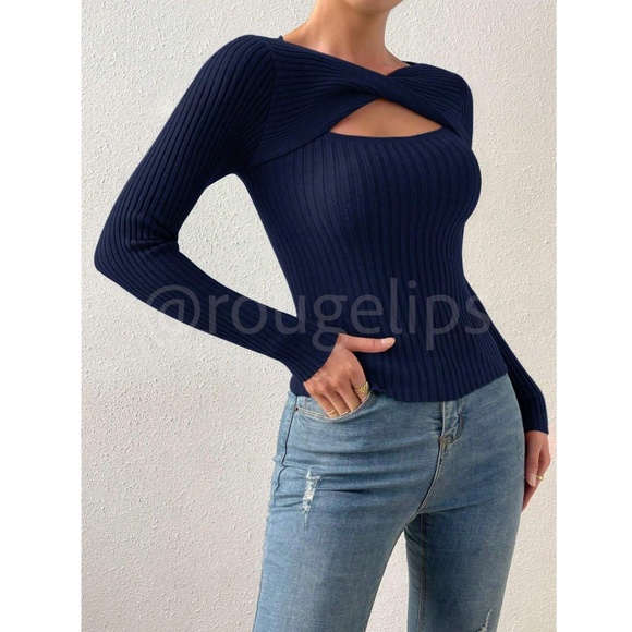 Navy Blue Rib Knit Cut Out Keyhole Twisted Detail Long Sleeve Light Sweater Top - Picture 5 of 7